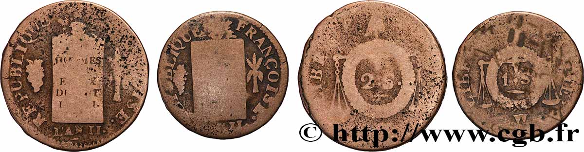 THE CONVENTION 1 et 2 sols dit &nbsp;à la table de loi&nbsp;, lot de 2 ex. 1793 Ateliers divers lot