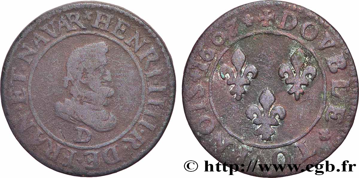 HENRY IV Double tournois, 1er type 1607 Lyon VF/XF