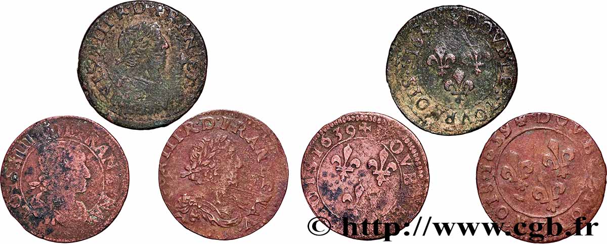 LOUIS XIII Double tournois, type 14, lot de 3 ex. 1639 Atelier indéterminé lot