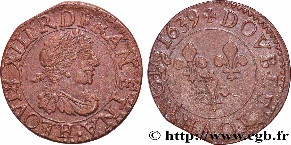 LOUIS XIII Double tournois, type 14 1639 La Rochelle XF
