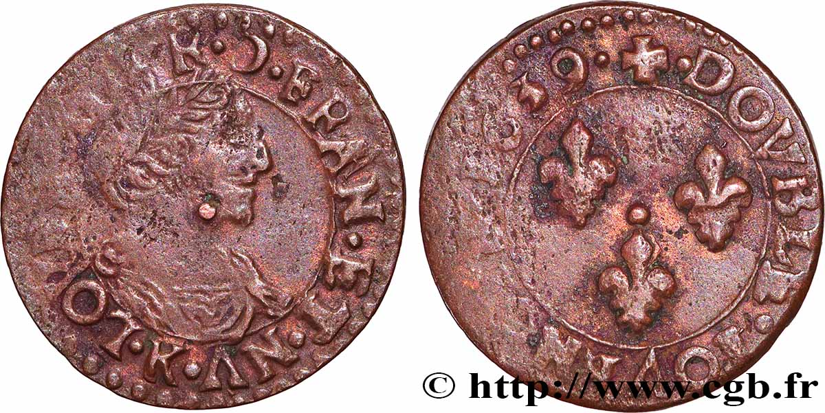 LOUIS XIII Double tournois, type 14 1639 Bordeaux VF