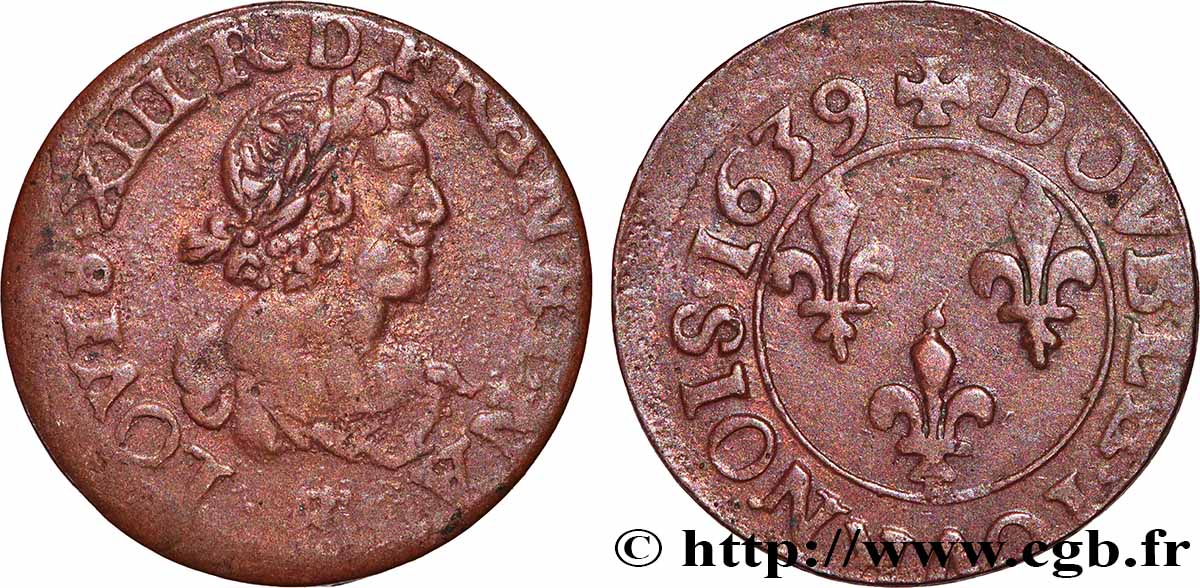LOUIS XIII Double tournois, 11e type de Rouen 1639 Rouen XF