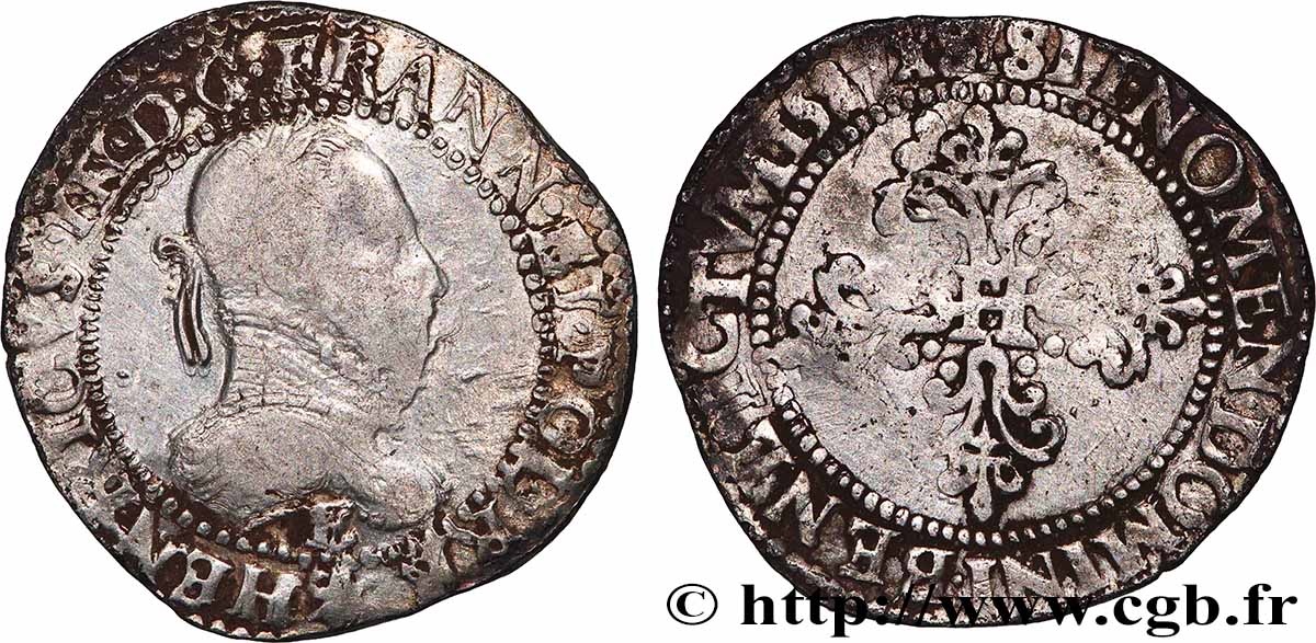 HENRY III Demi-franc au col gaufré 1587 Tours MB/q.BB