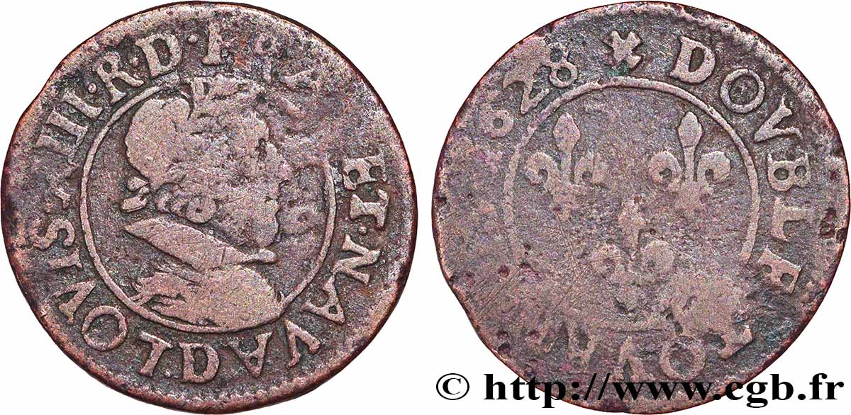 LOUIS XIII Double tournois, 6e type 1628 Lyon VF/VF