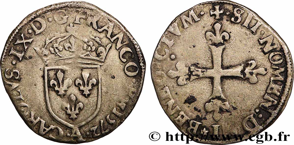 CHARLES IX Douzain à la croix fleurdelisée 1572 Paris XF/VF