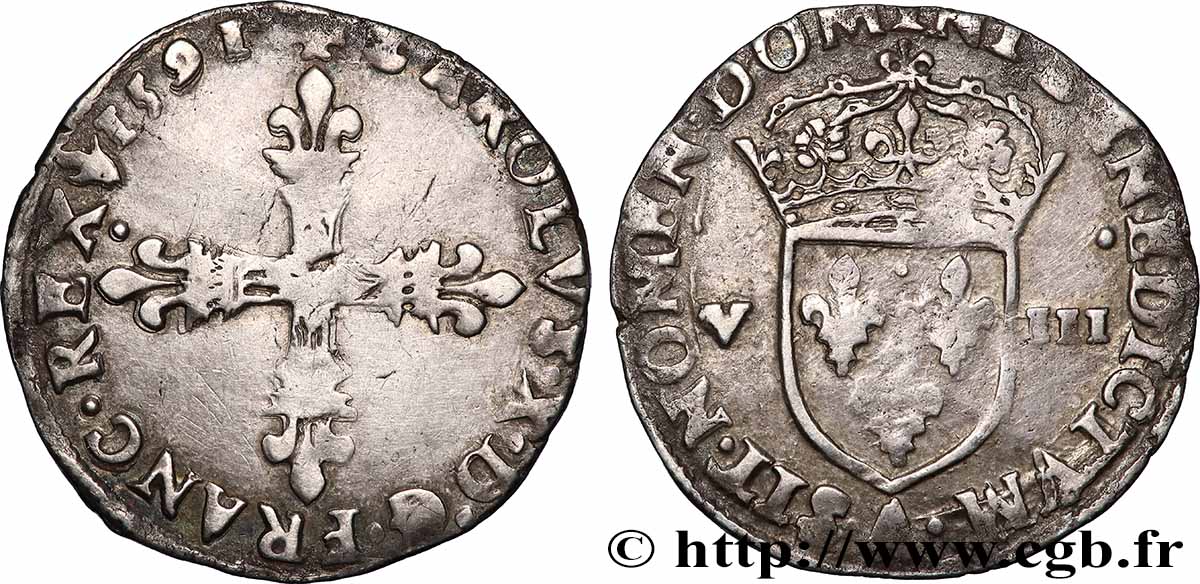CHARLES X, CARDINAL DE BOURBON Huitième d&nbsp;écu, croix de face 1591 Paris TTB