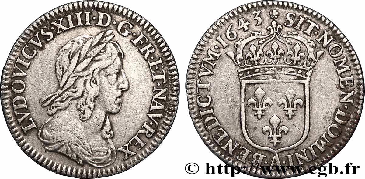 LOUIS XIII LE JUSTE Douzième d&nbsp;écu, buste drapé et cuirassé (2e buste de Jean Warin) 1643 Paris, Monnaie de Matignon TTB
