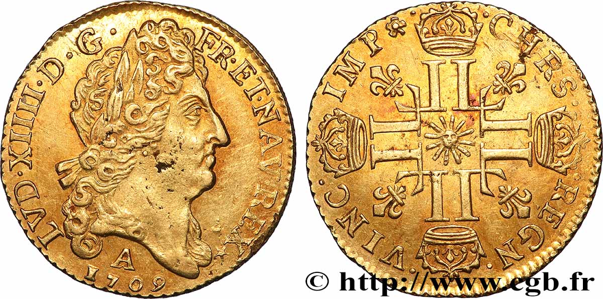 LOUIS XIV LE GRAND OU LE ROI SOLEIL Louis d&nbsp;or au soleil 1709 Paris TTB+