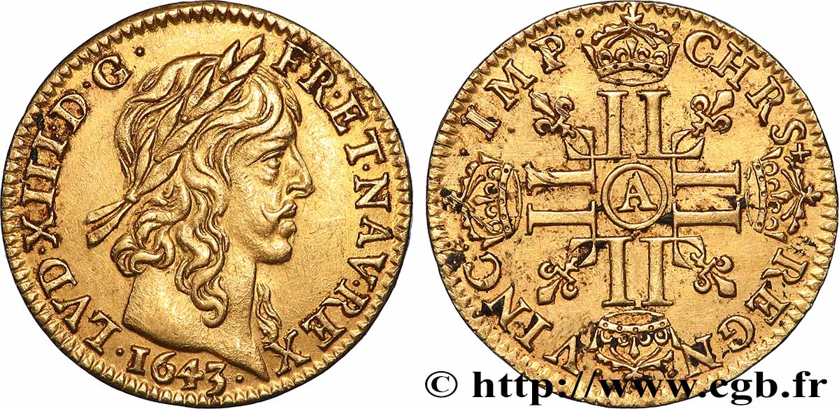 LOUIS XIII Demi-louis d&nbsp;or aux huit L (effigie de Jean Warin) 1643 Paris AU