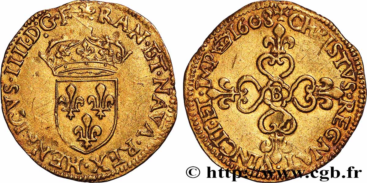 HENRY IV Écu d&nbsp;or au soleil, 1er type 1608 Rouen fVZ