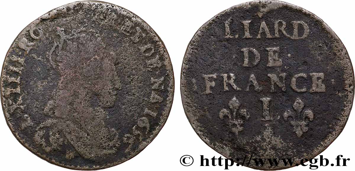 LOUIS XIV &nbsp;THE SUN KING&nbsp; Liard de cuivre 1656 Limoges B/MB