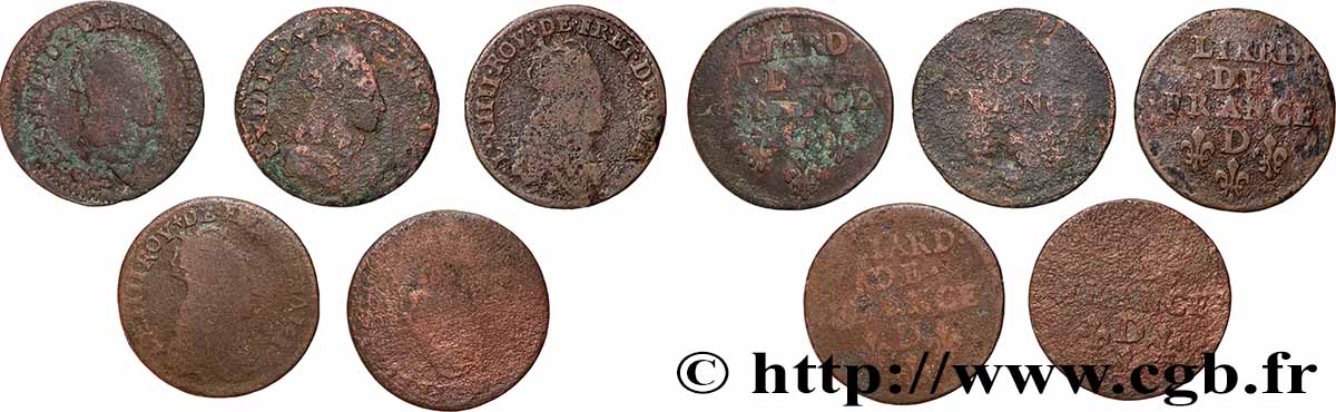 LOUIS XIV &nbsp;THE SUN KING&nbsp; Liard de cuivre “à la tête couronnée”, lot de 5 ex. n.d. Ateliers divers lot