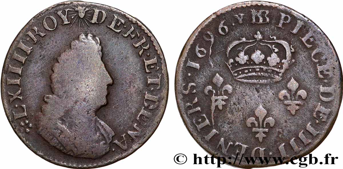 LOUIS XIV &nbsp;THE SUN KING&nbsp; IIII deniers 1696 Strasbourg MB