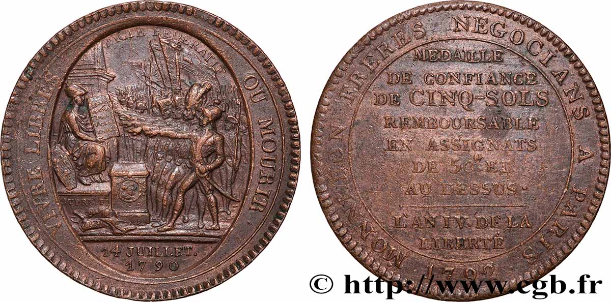 REVOLUTION COINAGE Monneron de 5 sols au serment 1792  fVZ