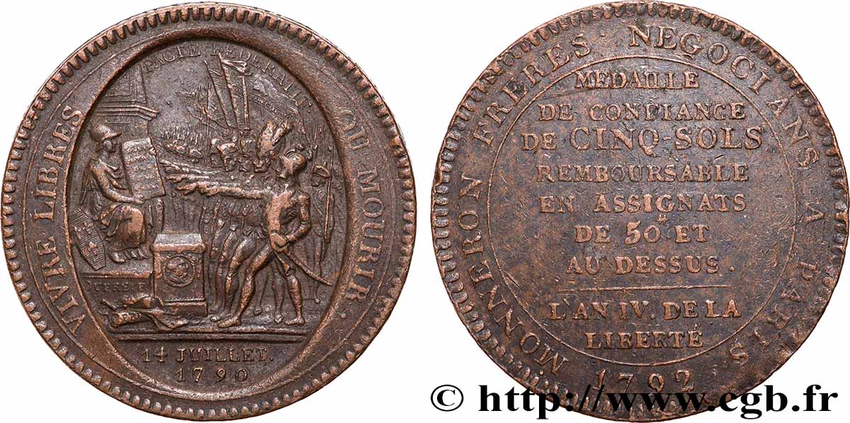 REVOLUTION COINAGE Monneron de 5 sols au serment 1792  XF