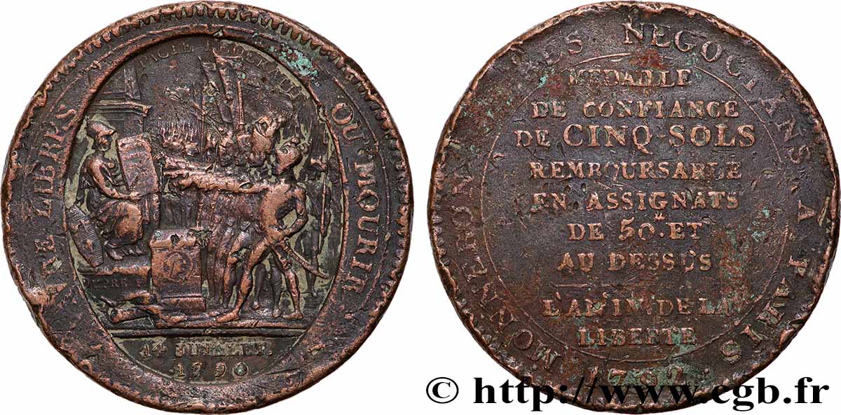 REVOLUTION COINAGE Monneron de 5 sols au serment 1792  fSS/S