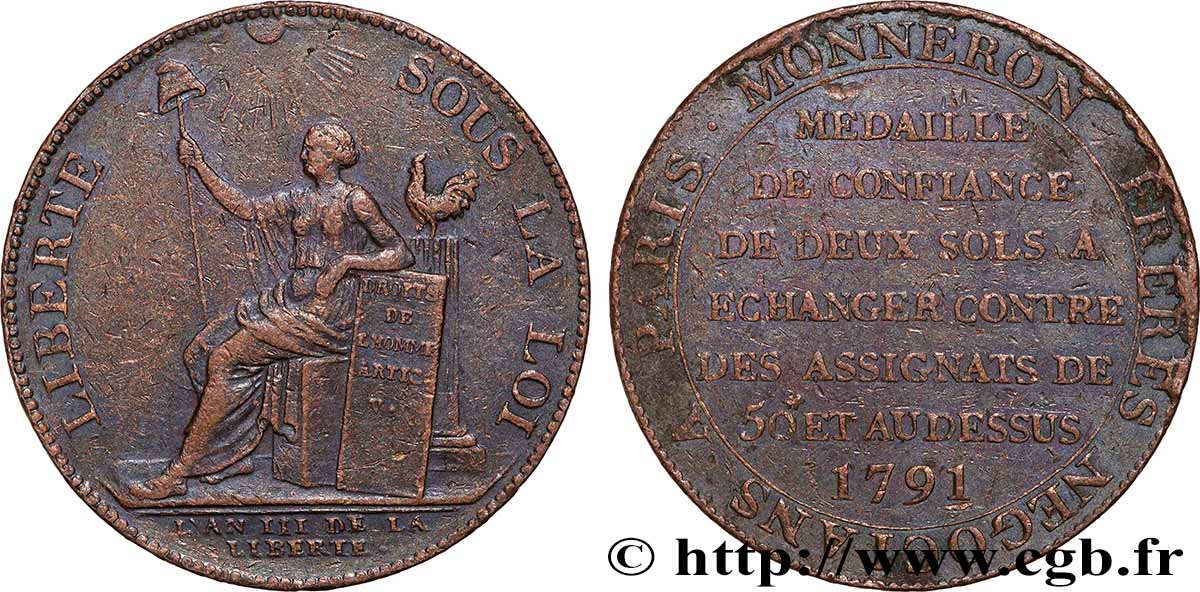 REVOLUTION COINAGE Monneron de 2 sols à la Liberté 1791 Birmingham, Soho fVZ