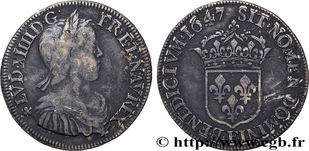 LOUIS XIV &nbsp;THE SUN KING&nbsp; Demi-écu, portrait à la mèche longue 1647 Angers VF