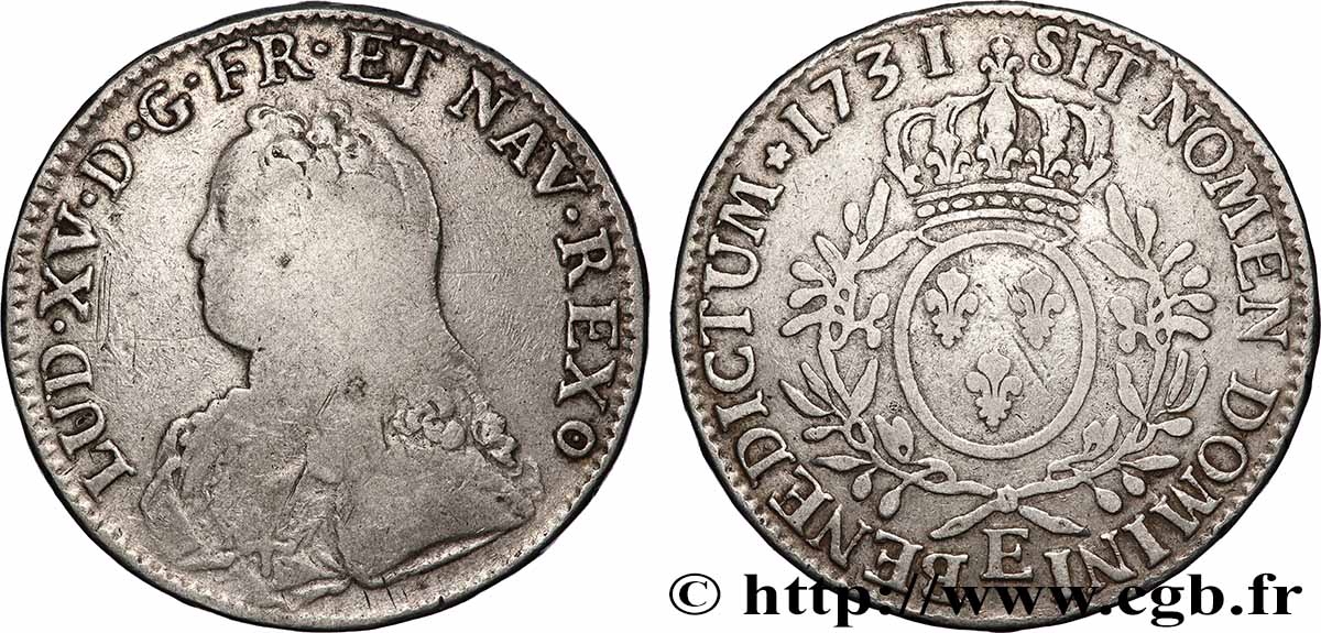 LOUIS XV THE BELOVED Écu aux branches d&nbsp;olivier, buste habillé 1731 Tours VF/VF