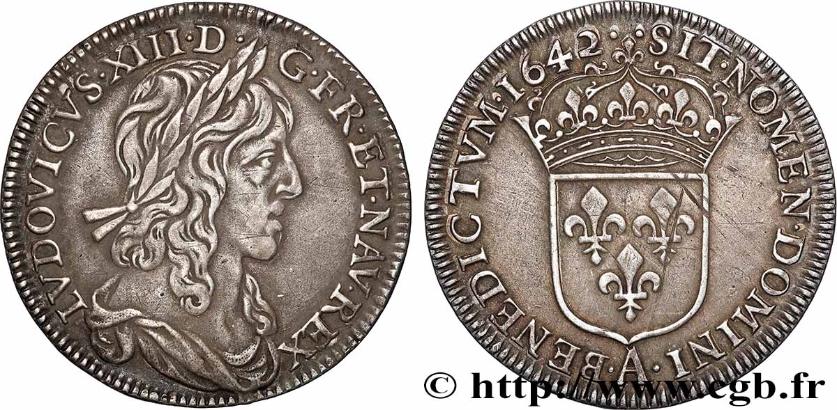 LOUIS XIII Quart d&nbsp;écu, buste drapé (1er buste de Jean Warin) 1642 Paris, Monnaie du Louvre AU