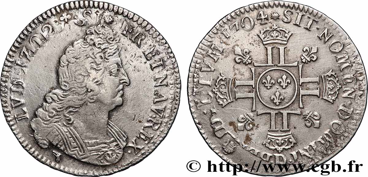 LOUIS XIV &nbsp;THE SUN KING&nbsp; Demi-écu aux huit L, 2e type 1704 Lyon fVZ/SS