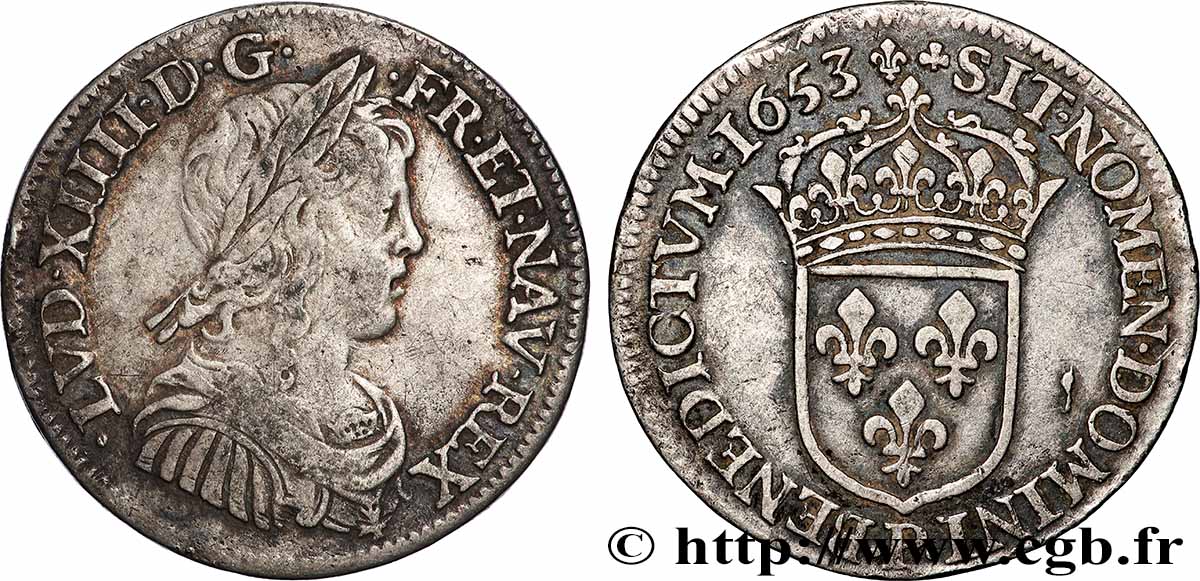 LOUIS XIV &nbsp;THE SUN KING&nbsp; Quart d&nbsp;écu, portait à la mèche longue 1653 Dijon VF/XF