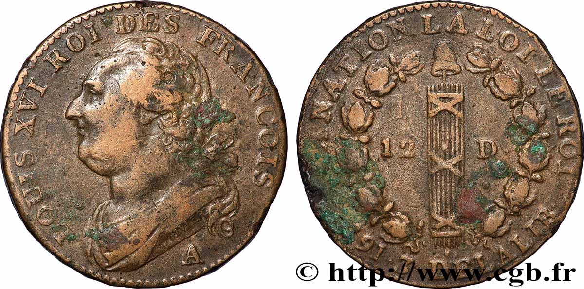LOUIS XVI 12 deniers dit &nbsp;au faisceau&nbsp;, type FRANCOIS 1791 Paris, Monnaie du Louvre XF