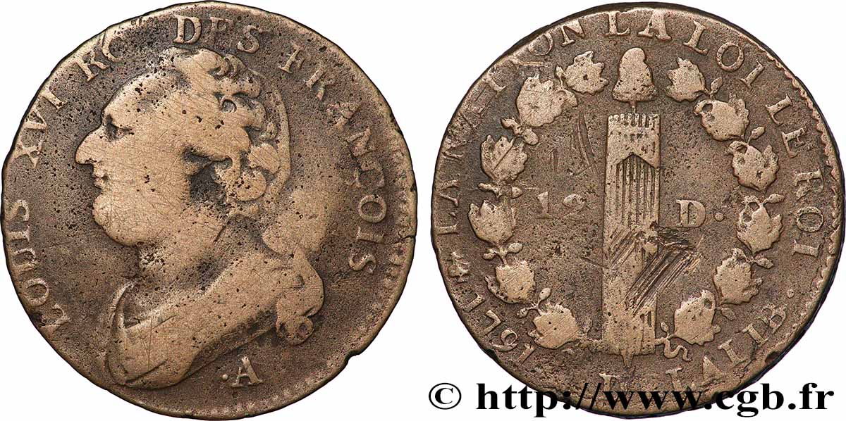 LOUIS XVI (MONARQUE CONSTITUTIONNEL)  12 deniers dit &nbsp;au faisceau&nbsp;, type FRANÇOIS 1791 Paris TB+