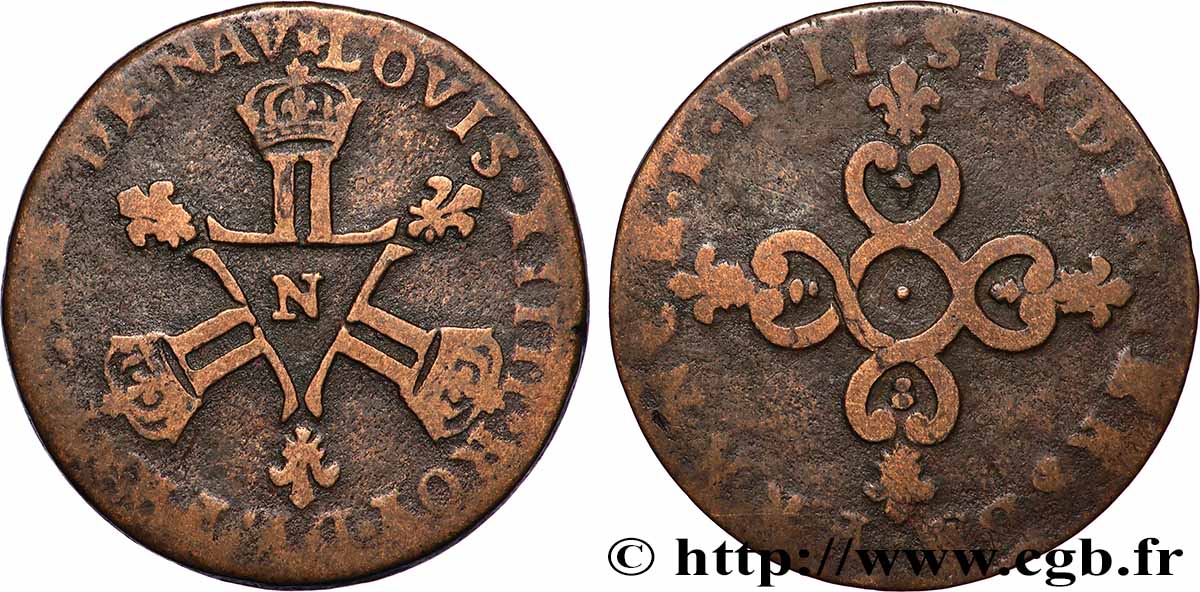 LOUIS XIV &nbsp;THE SUN KING&nbsp; Pièce de six deniers 1711 Montpellier fSS