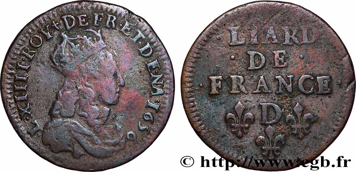 LOUIS XIV &nbsp;THE SUN KING&nbsp; Liard de cuivre, 2e type 1656 Vimy-en-Lyonnais (actuellement Neuville-sur-Saône) VF/XF
