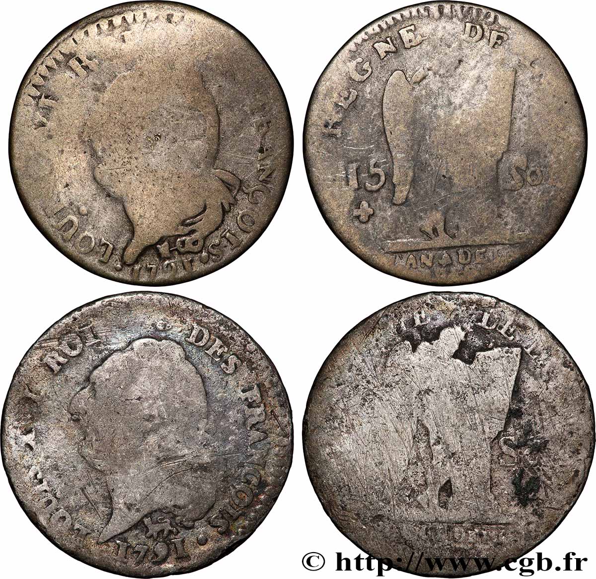 LOUIS XVI 15 sols dit &nbsp;au génie&nbsp;, type FRANCOIS, lot de 2 ex. s.m. Atelier indéterminé lot