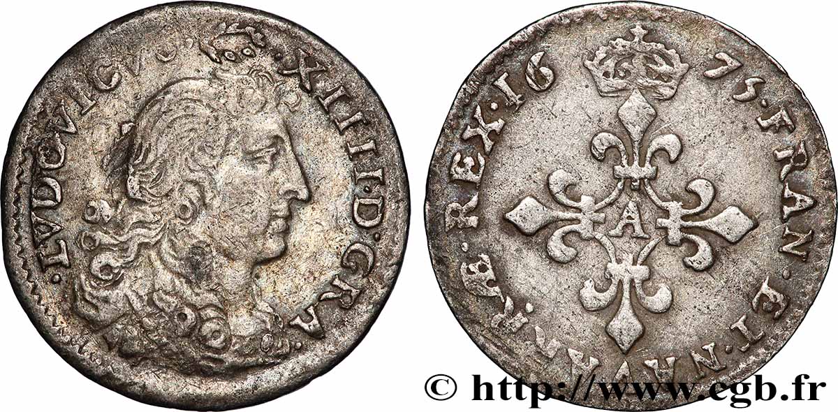 LOUIS XIV &nbsp;THE SUN KING&nbsp; Quatre sols à la croix formée de lis 1675 Paris AU/XF