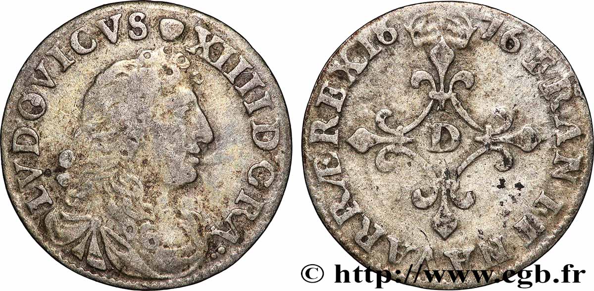 LOUIS XIV &nbsp;THE SUN KING&nbsp; Quatre sols à la croix formée de lis 1676 Vimy-en-Lyonnais (actuellement Neuville-sur-Saône) VF