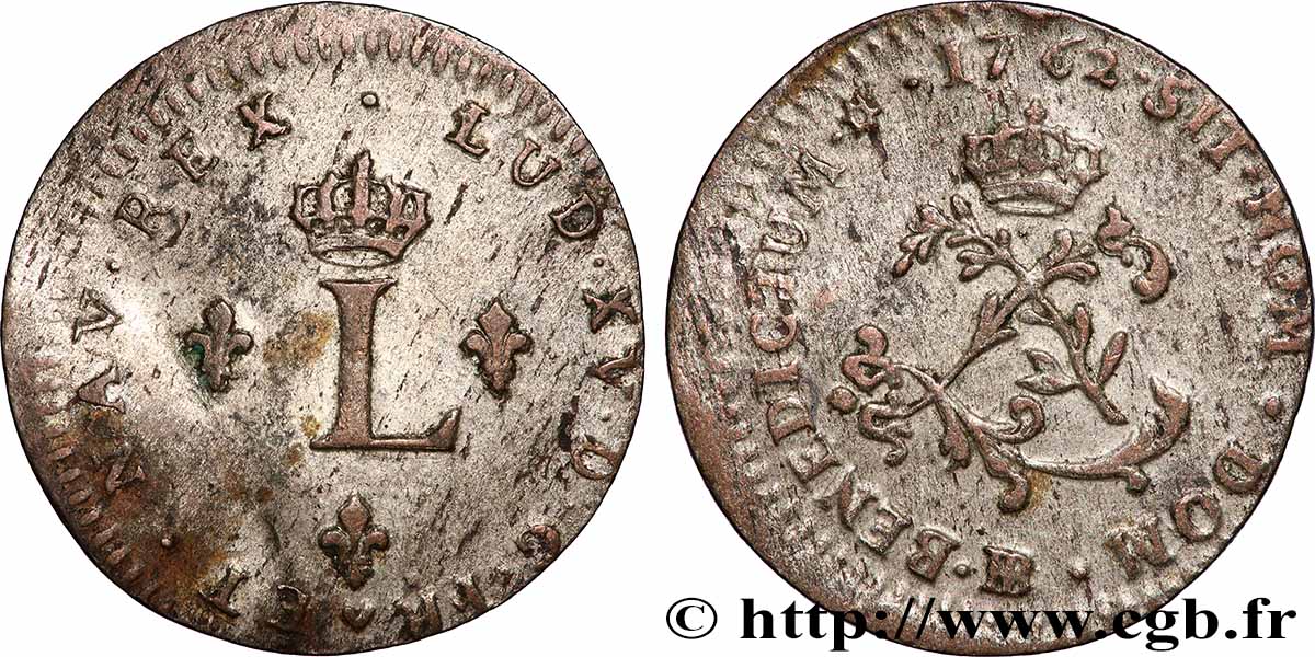 LOUIS XV &nbsp;THE WELL-BELOVED&nbsp; Double sol de billon 1762 Strasbourg XF