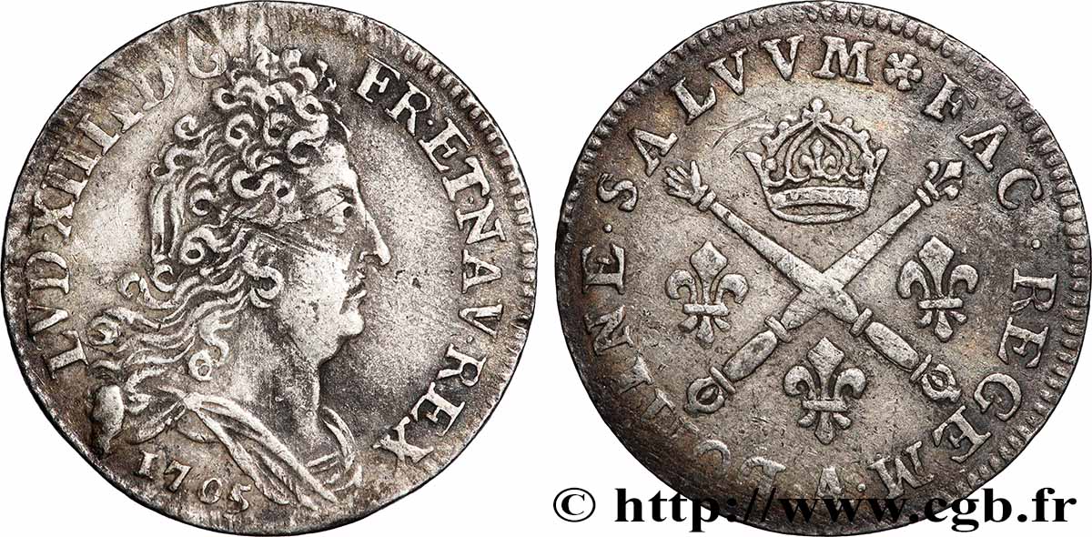LOUIS XIV &nbsp;THE SUN KING&nbsp; 10 sols aux insignes 1705 Paris SS/fVZ