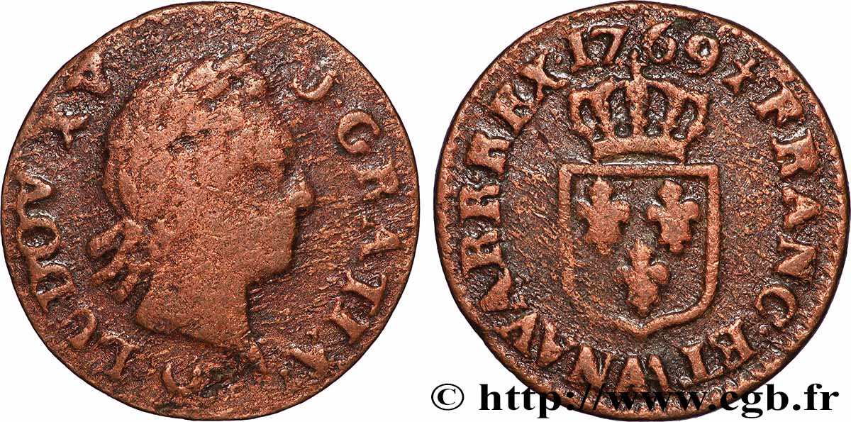 LOUIS XV &nbsp;THE WELL-BELOVED&nbsp; Liard dit “à la vieille tête” 1769 Metz VF