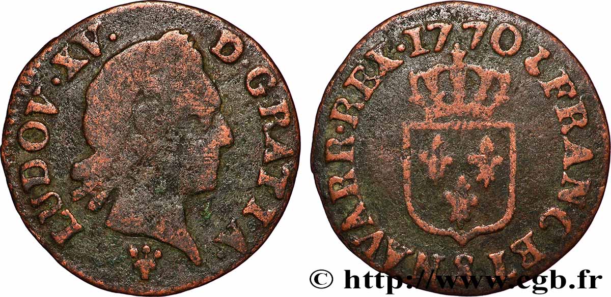 LOUIS XV &nbsp;THE WELL-BELOVED&nbsp; Liard dit &nbsp;à la vieille tête&nbsp; 1770 Reims VF