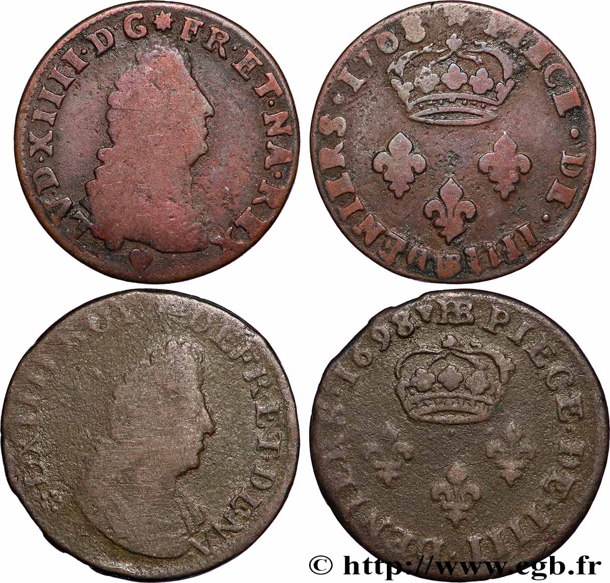 LOUIS XIV &nbsp;THE SUN KING&nbsp; IIII deniers, lot de 2 ex. n.d. Strasbourg lot