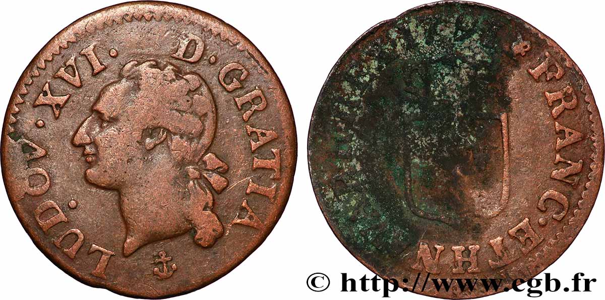 LOUIS XVI Liard dit “à l&nbsp;écu” 1791 La Rochelle VF/VG
