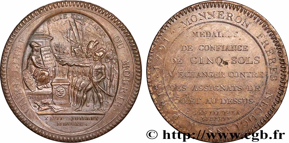 REVOLUTION COINAGE Monneron de 5 sols au serment (An III) 1791  AU