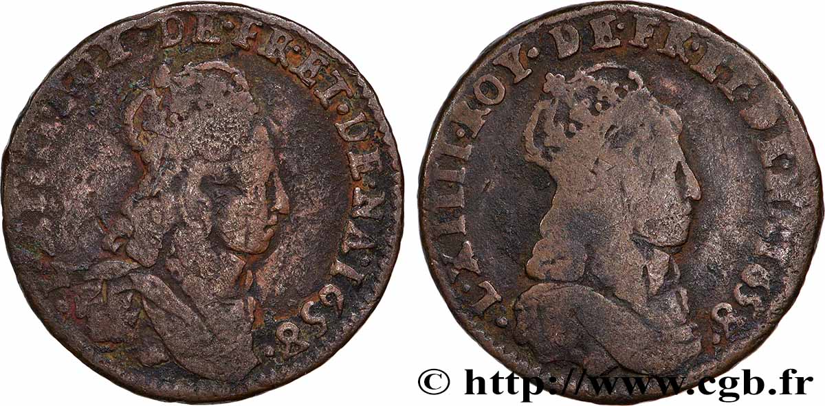 LOUIS XIV &nbsp;THE SUN KING&nbsp; Double avers du liard de cuivre 1658 Atelier indéterminé VF