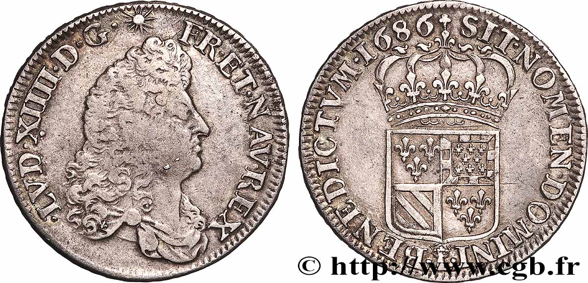 LOUIS XIV &nbsp;THE SUN KING&nbsp; Demi-écu de Flandre 1686 Lille VF/AU