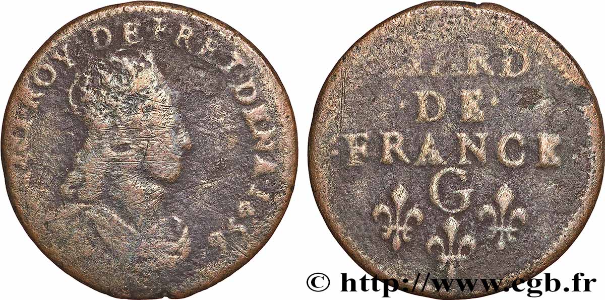 LOUIS XIV &nbsp;THE SUN KING&nbsp; Liard de cuivre, 2e type 1656 Lusignan VF/VF