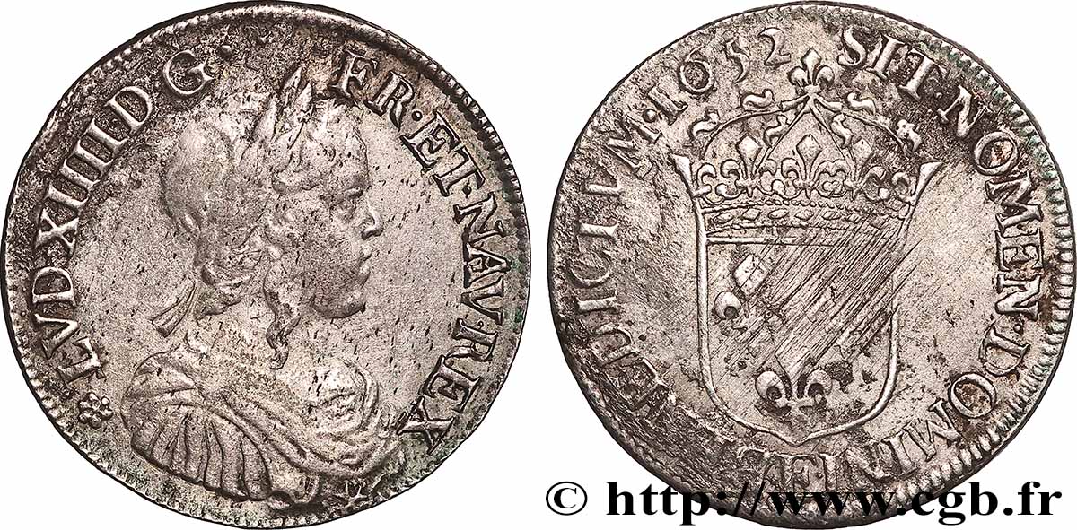 LOUIS XIV &nbsp;THE SUN KING&nbsp; Demi-écu, portrait à la mèche longue 1652 Tours fSS/SS