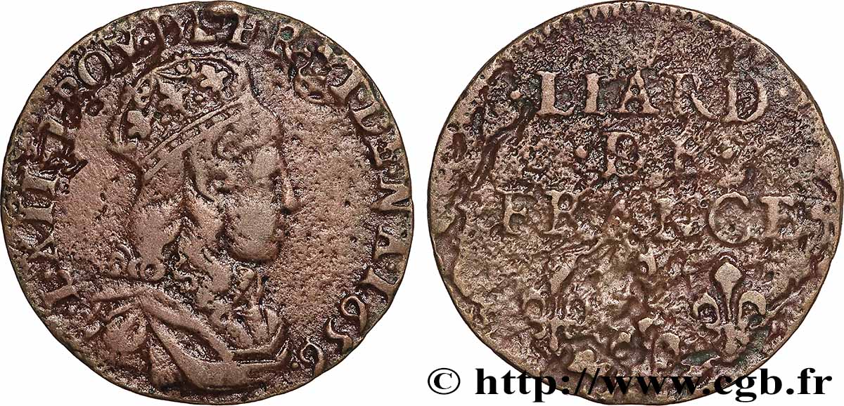 LOUIS XIV &nbsp;THE SUN KING&nbsp; Liard de cuivre, 2e type 1656 Corbeil XF/VF