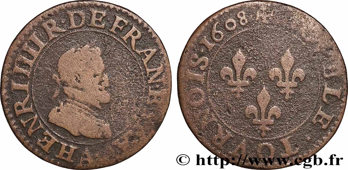 HENRY IV Double tournois, 2e type de Paris (légende française) 1608 Paris VF