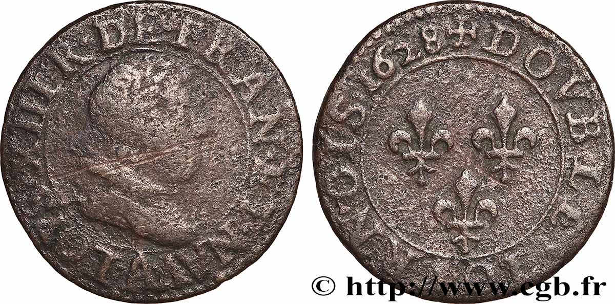 LOUIS XIII  Double tournois, type 5 de Paris 1628 Paris F/VF