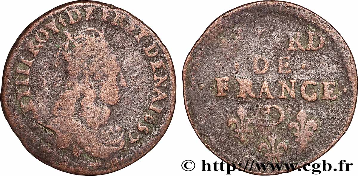LOUIS XIV &nbsp;THE SUN KING&nbsp; Liard de cuivre, 2e type 1657 Vimy-en-Lyonnais (actuellement Neuville-sur-Saône) VF
