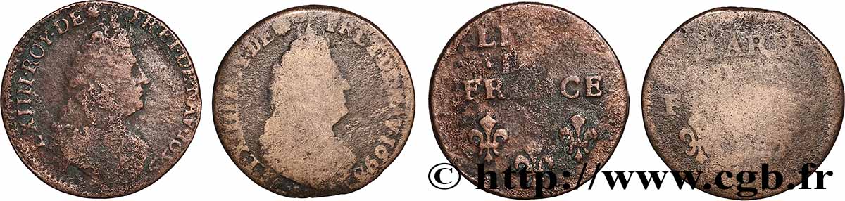 LOUIS XIV &nbsp;THE SUN KING&nbsp; Liard, 3e type, buste âgé, lot de 2 ex. s.m. Ateliers divers lot