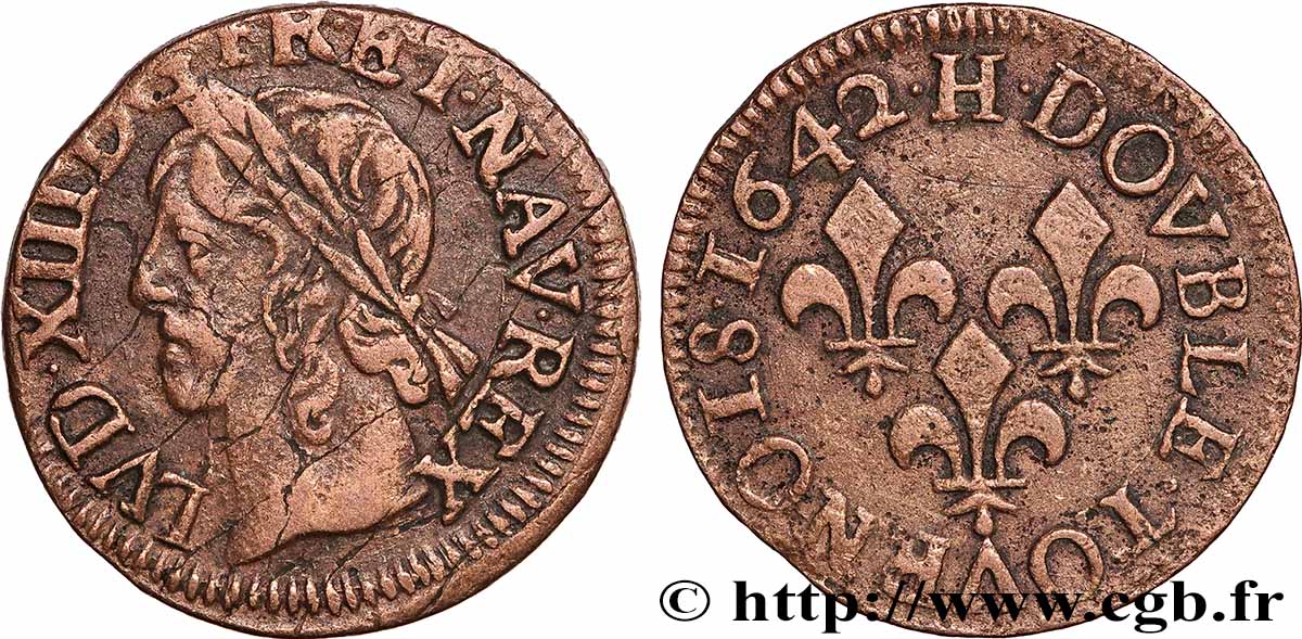 LOUIS XIII Double tournois, type de Warin 1642 La Rochelle AU